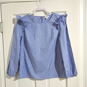 J. Crew Blue and White Striped Ruffle Shoulder Blouse